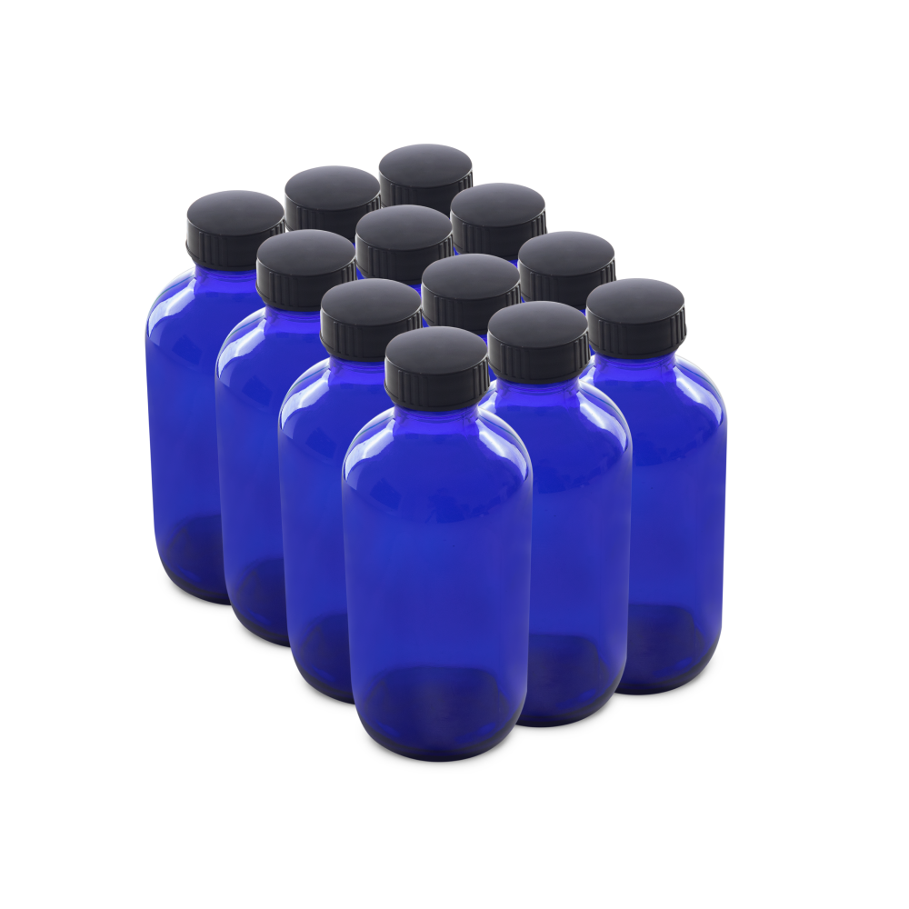 8 oz Blue Glass Boston Round Bottles With Black Lids (12 Pack)