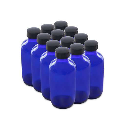 8 oz Blue Glass Boston Round Bottles With Black Lids 