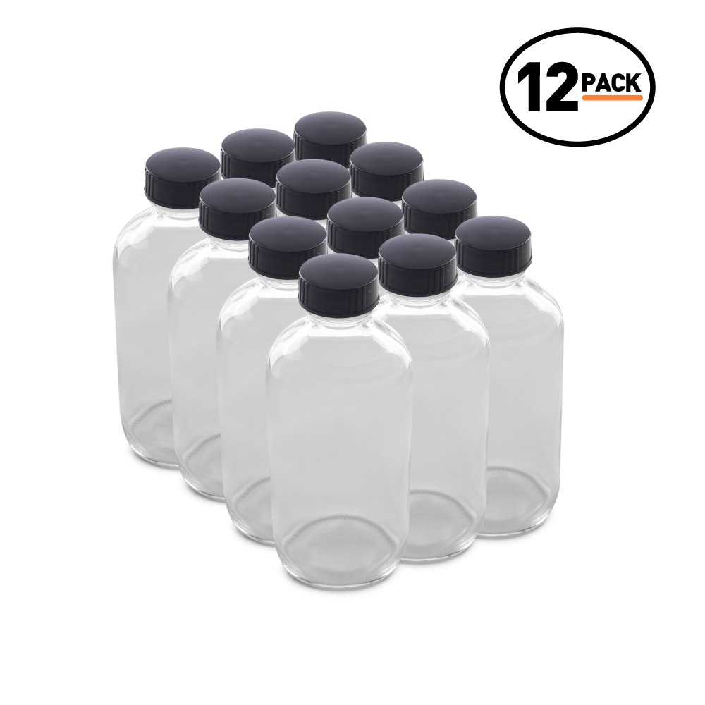 8 oz Clear Glass Boston Round Bottles With Black Lids (12 Pack)