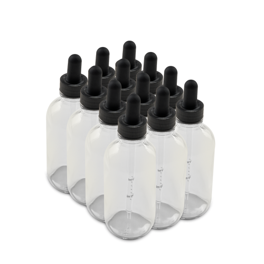 4 oz Clear Glass Boston Round Bottle With Black Dropper (12 Pack)