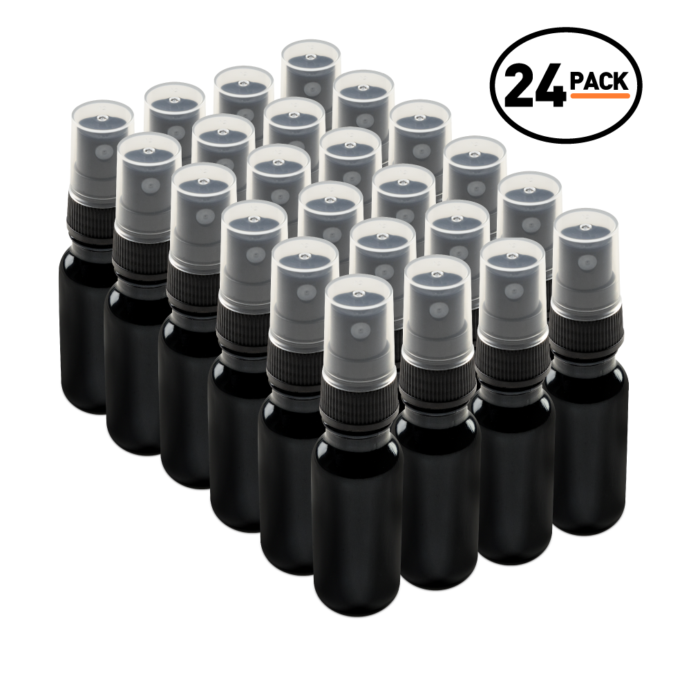 0.5 oz Black UV Glass Boston Round Bottles With Black Fine Mist Sprayers (24/72 Pack)