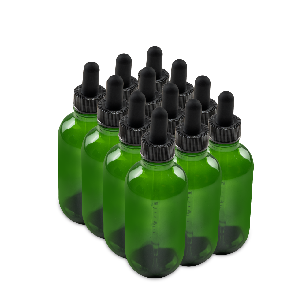4 oz Green Glass Boston Round Bottle With Black Dropper (12 Pack)