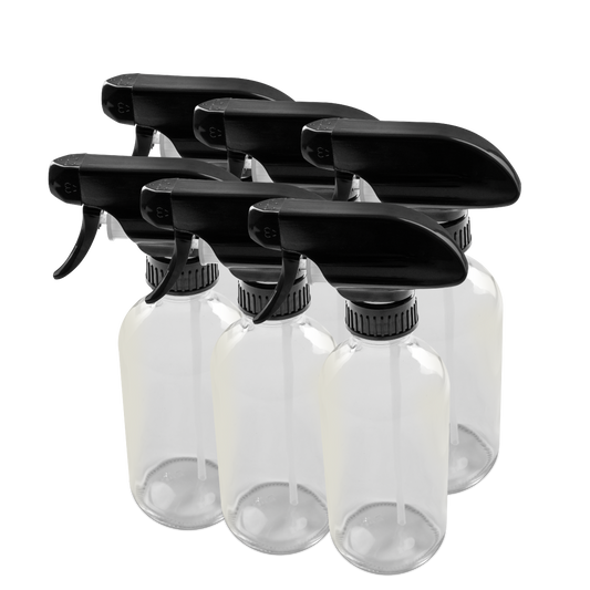 8 oz Clear Glass Boston Round Bottle With Black Trigger Sprayer (6 Pack)