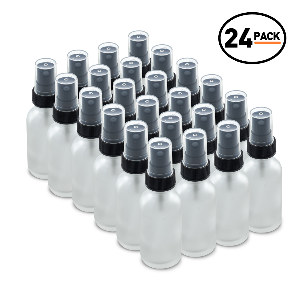 1 oz Clear Frosted Glass Boston Round Bottles With Black Fine Mist Sprayers (24/72 Pack)
