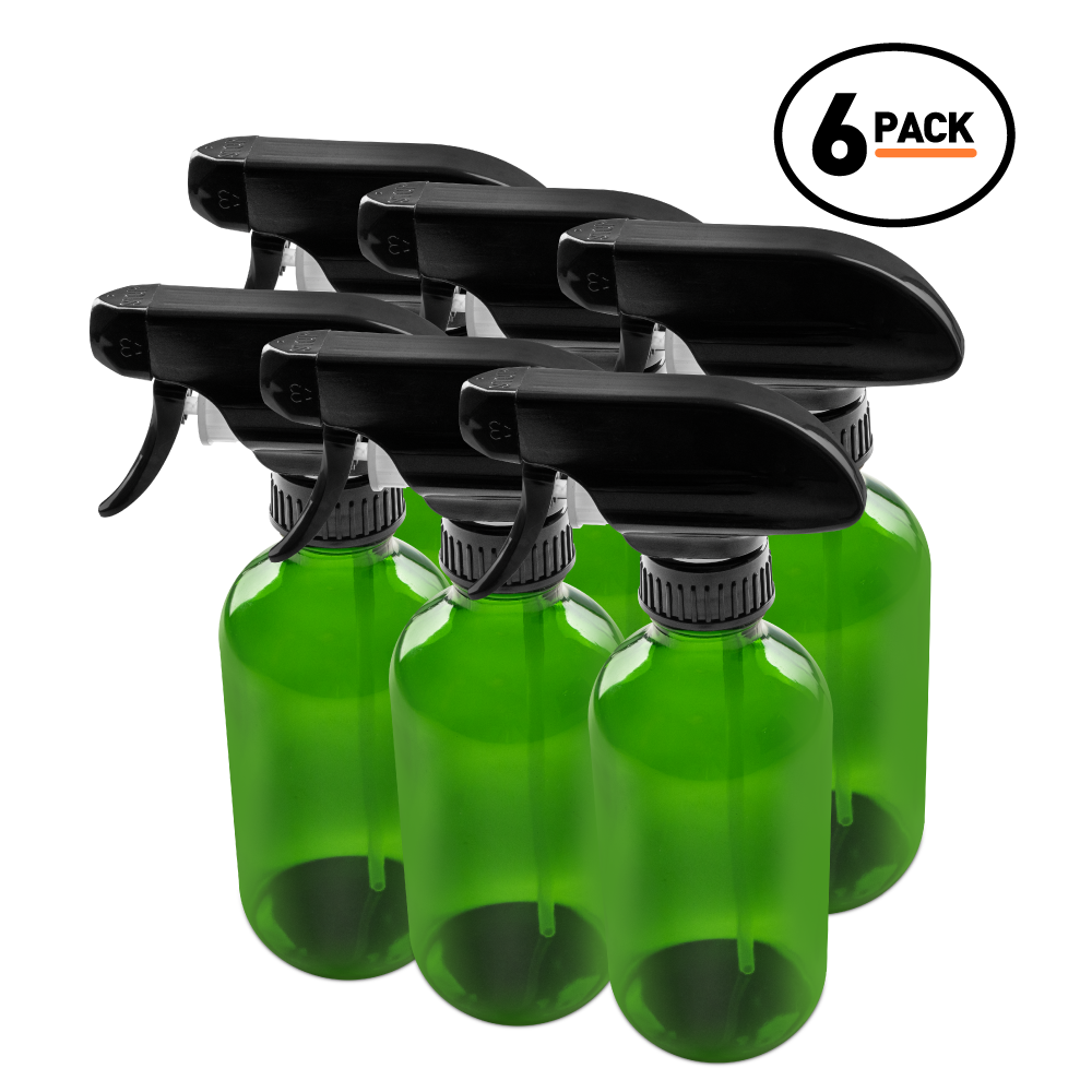 8 oz Green Glass Boston Round Bottle With Black Trigger Sprayer (6 Pack)