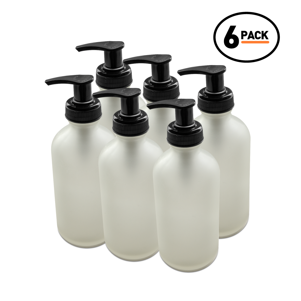 8 oz Clear Frosted Glass Boston Round Bottle With Black Lotion Pump (6 Pack)