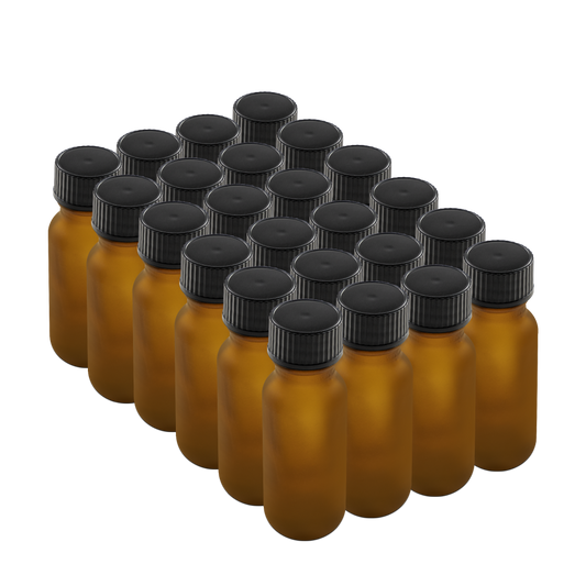 0.5 oz Amber Frosted Glass Boston Round Bottles With Black Lids (24/72 Pack)