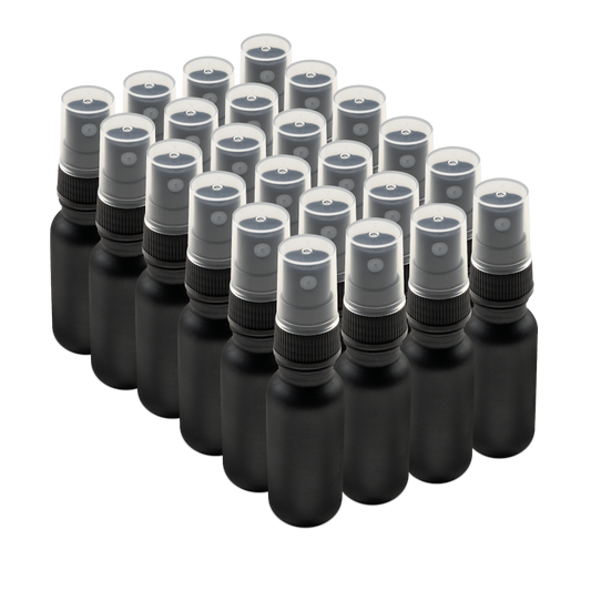 0.5 oz Black Frosted Glass Boston Round Bottles With Black Fine Mist Sprayers (24/72 Pack)