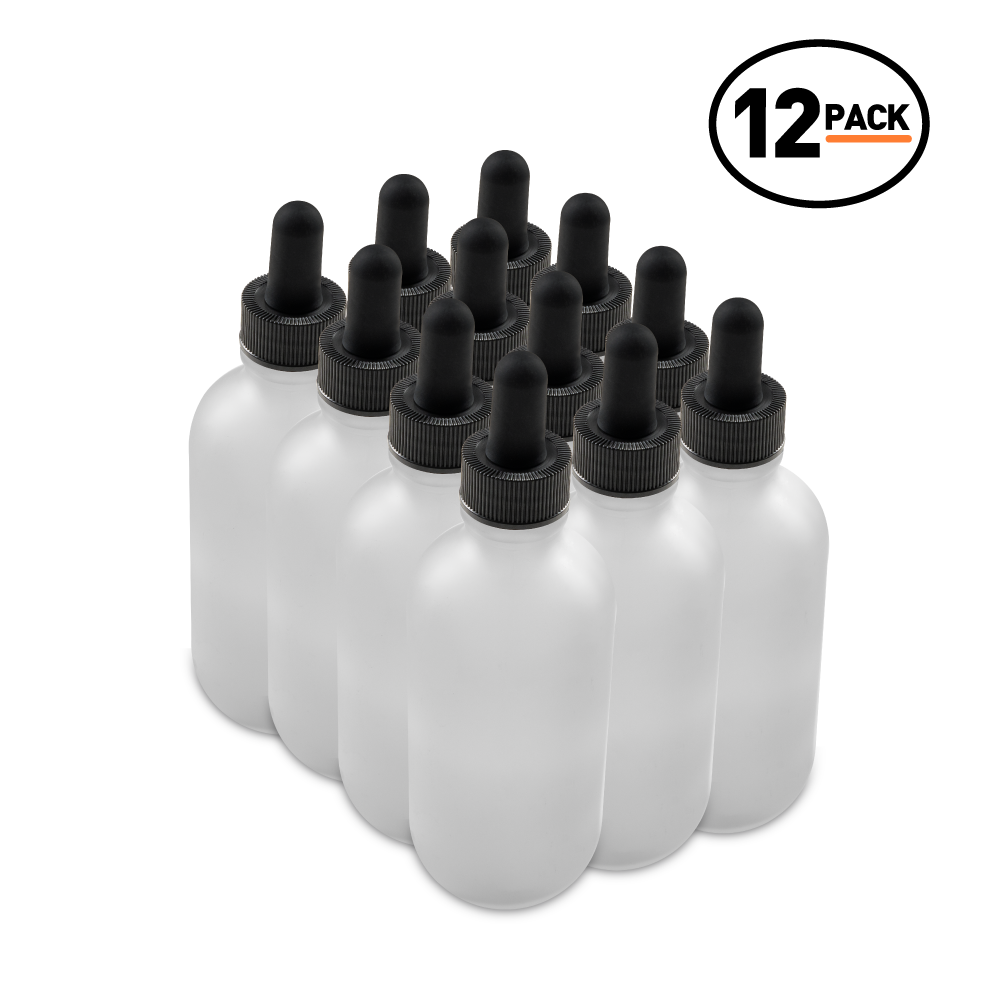 4 oz Clear Frosted Glass Boston Round Bottle With Black Dropper (12 Pack)