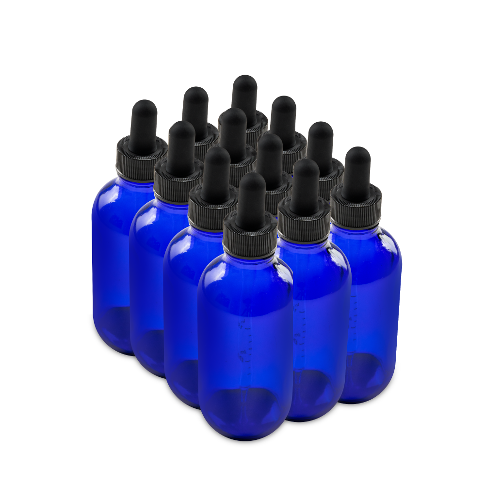 4 oz Blue Glass Boston Round Bottle With Black Dropper (12 Pack)