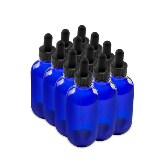 4 oz Blue Glass Boston Round Bottle With Black Dropper