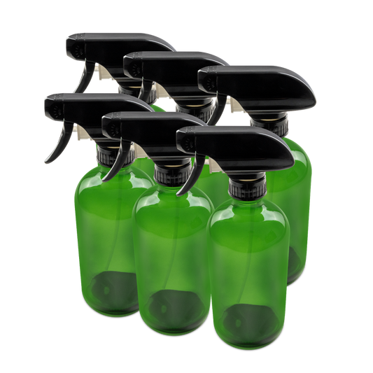 16 oz Green Glass Boston Round Bottle With Black Trigger Sprayer (6 Pack)