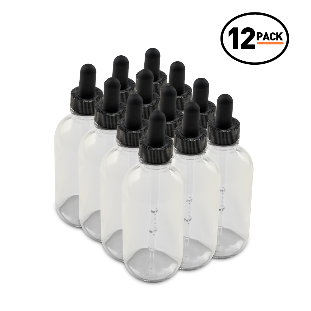4 oz Clear Glass Boston Round Bottle With Black Dropper (12 Pack)
