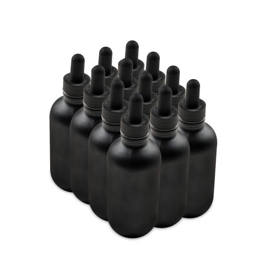 4 oz Black Frosted Glass Boston Round Bottle With Black Dropper (12 Pack)