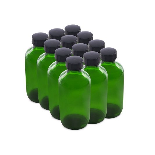 8 oz Green Glass Boston Round Bottles With Black Lids 