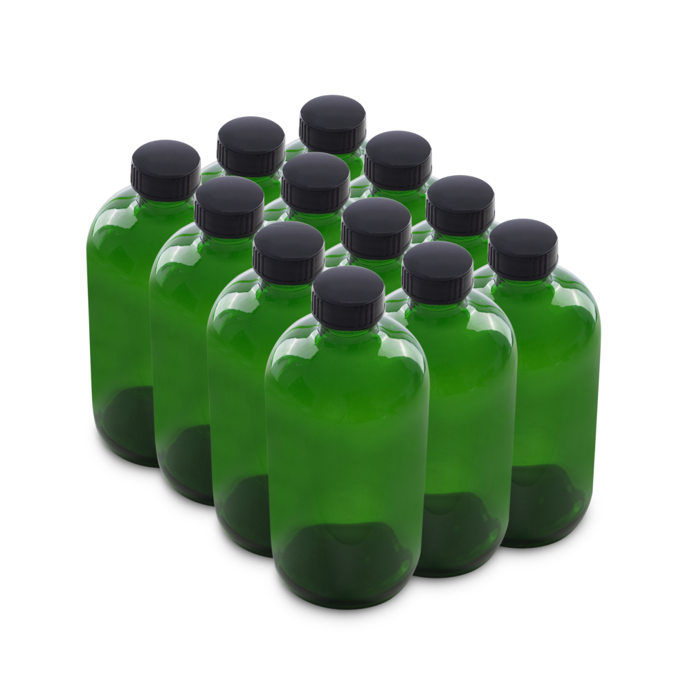 16 oz Green Glass Boston Round Bottles With Black Lids (12 Pack)