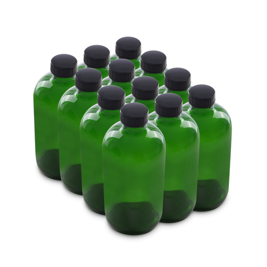 16 oz Green Glass Boston Round Bottles With Black Lids 