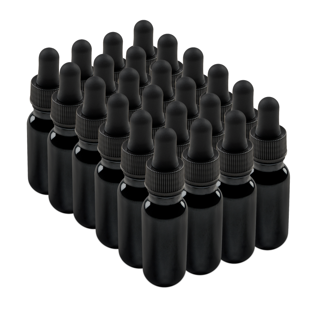 0.5 oz Black UV Glass Boston Round Bottle With Black Dropper (24/72 Pack)
