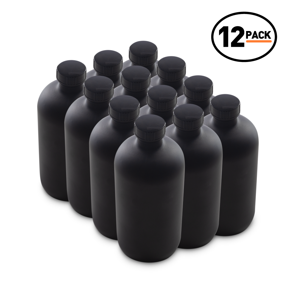 16 oz Black Frosted Glass Boston Round Bottles With Black Lids (12 Pack)