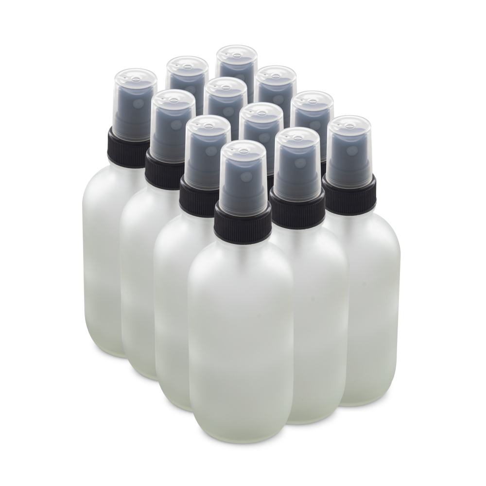 4 oz Clear Frosted Glass Boston Round Bottles With Black Fine Mist Sprayers (12 Pack)
