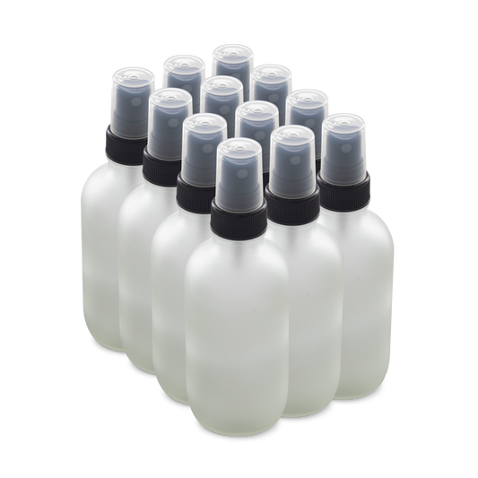 4 oz Clear Frosted Glass Boston Round Bottles With Black Fine Mist Sprayers (12 Pack)