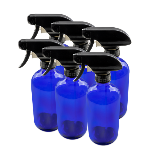 16 oz Blue Glass Boston Round Bottle With Black Trigger Sprayer (6 Pack)