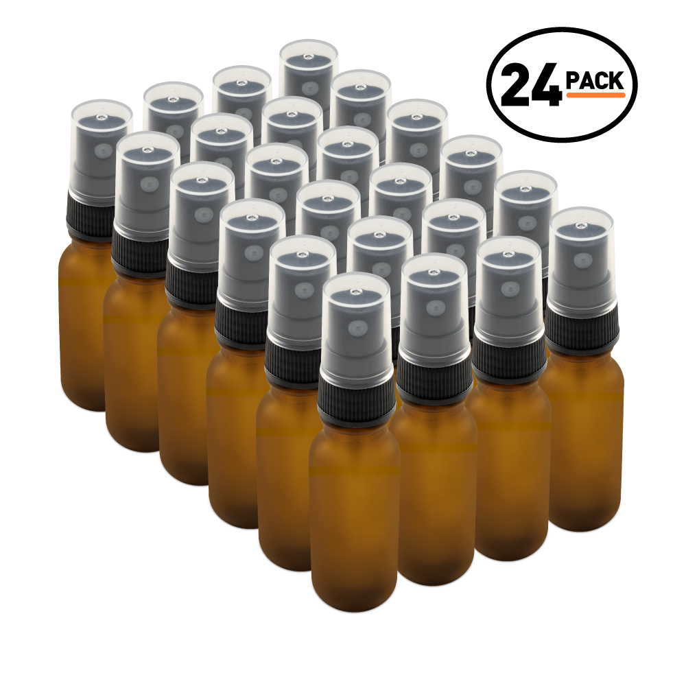 0.5 oz Amber Frosted Glass Boston Round Bottles With Black Fine Mist Sprayers (24/72 Pack)