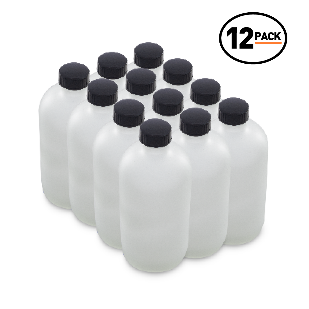16 oz Clear Frosted Glass Boston Round Bottles With Black Lids (12 Pack)