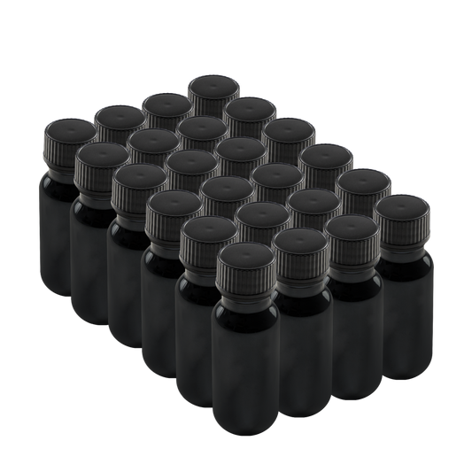 0.5 oz Black UV Glass Boston Round Bottles With Black Lids (24/72 Pack)