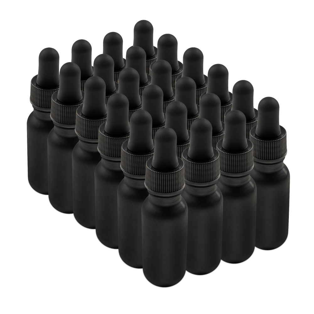 0.5 oz Black Frosted Glass Boston Round Bottle With Black Dropper (24/72 Pack)