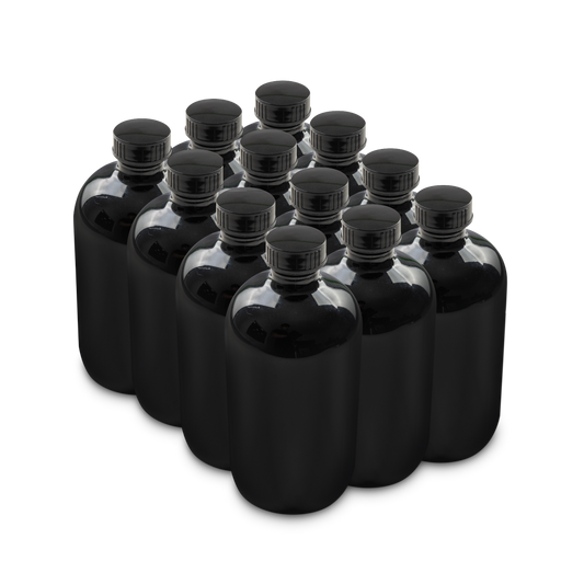 16 oz Black UV Glass Boston Round Bottles With Black Lids