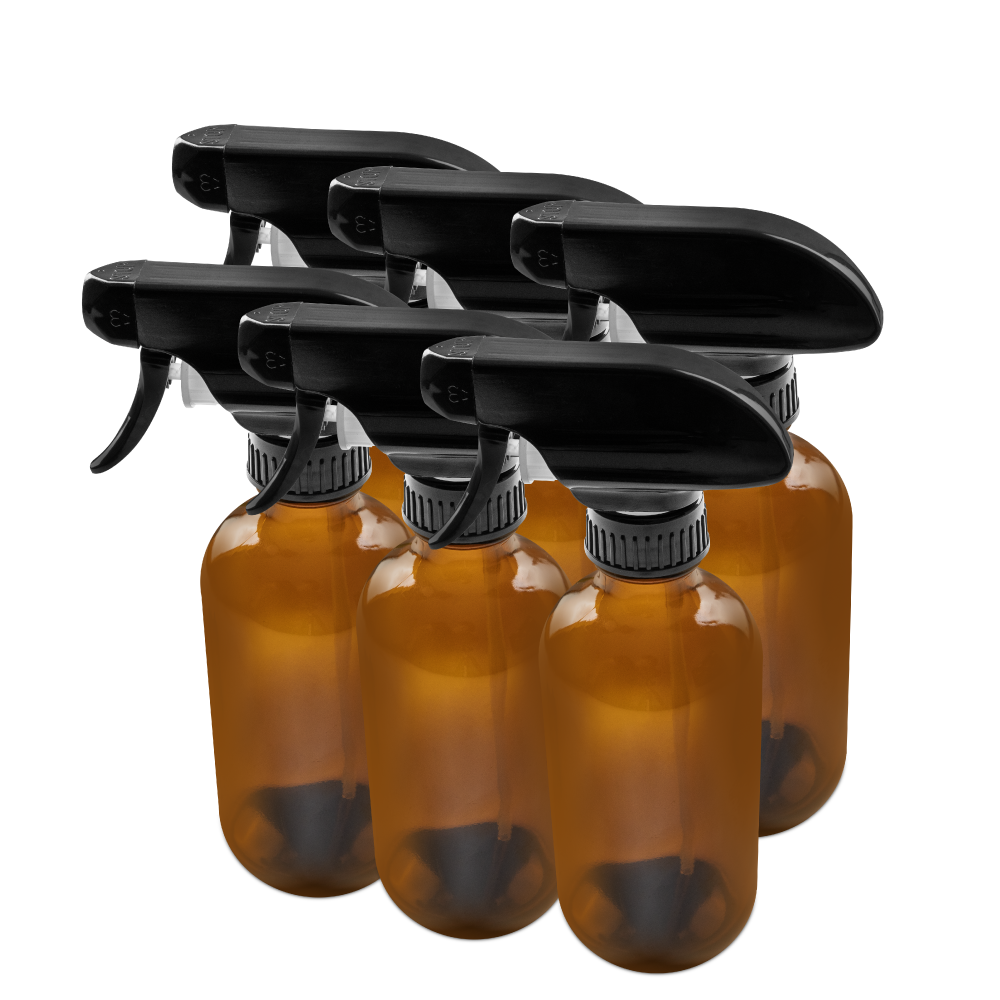 8 oz Amber Glass Boston Round Bottle With Black Trigger Sprayer (6 Pack)