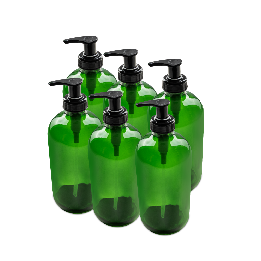 16 oz Green Glass Boston Round Bottle With Black Lotion Pump