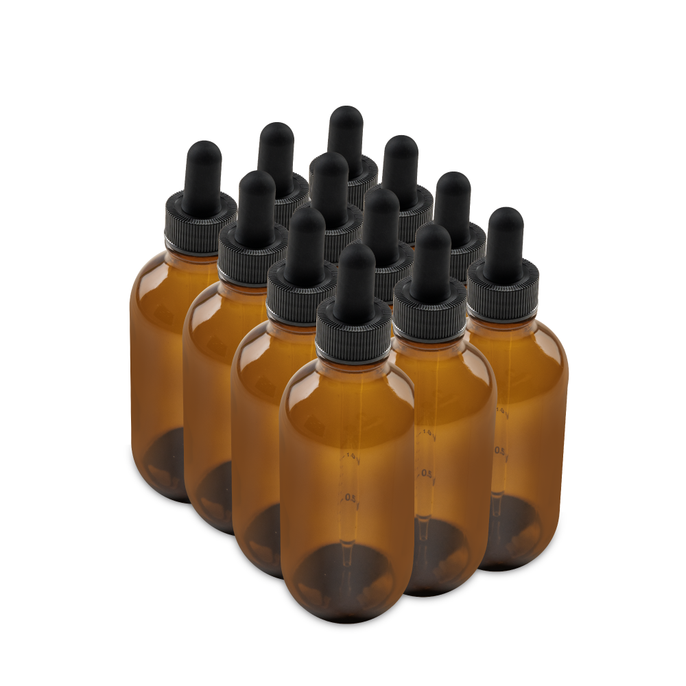 4 oz Amber Glass Boston Round Bottle With Black Dropper (12 Pack)