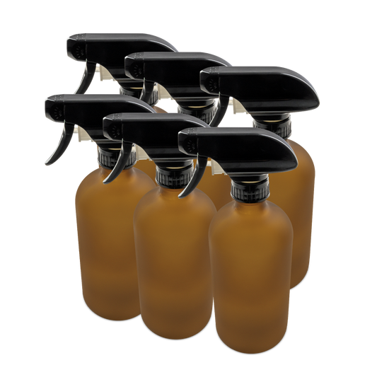 16 oz Amber Frosted Glass Boston Round Bottle With Black Trigger Sprayer (6 Pack)