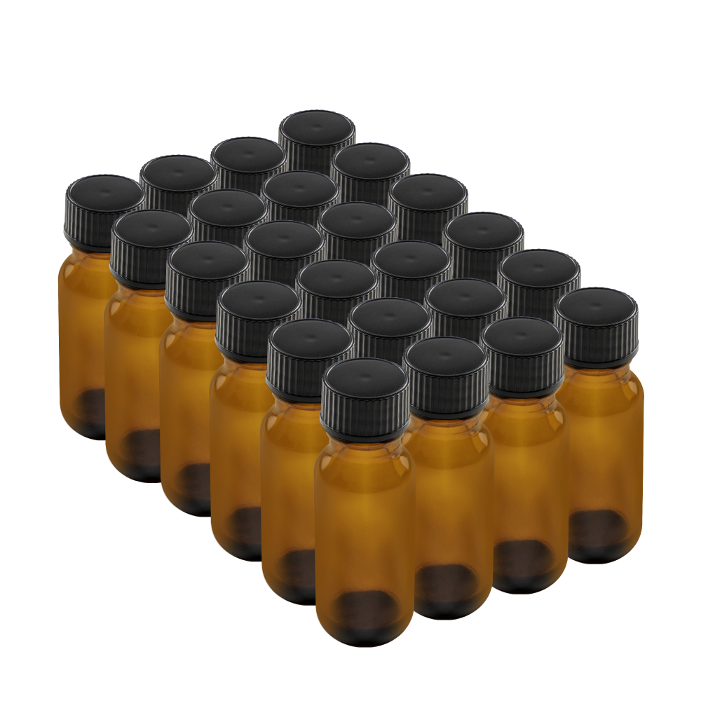 0.5 oz Amber Glass Boston Round Bottles With Black Lids (24/72 Pack)