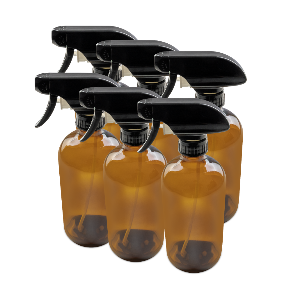 16 oz Amber Glass Boston Round Bottle With Black Trigger Sprayer (6 Pack)