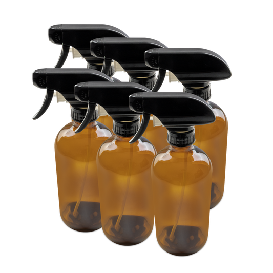 16 oz Amber Glass Boston Round Bottle With Black Trigger Sprayer (6 Pack)