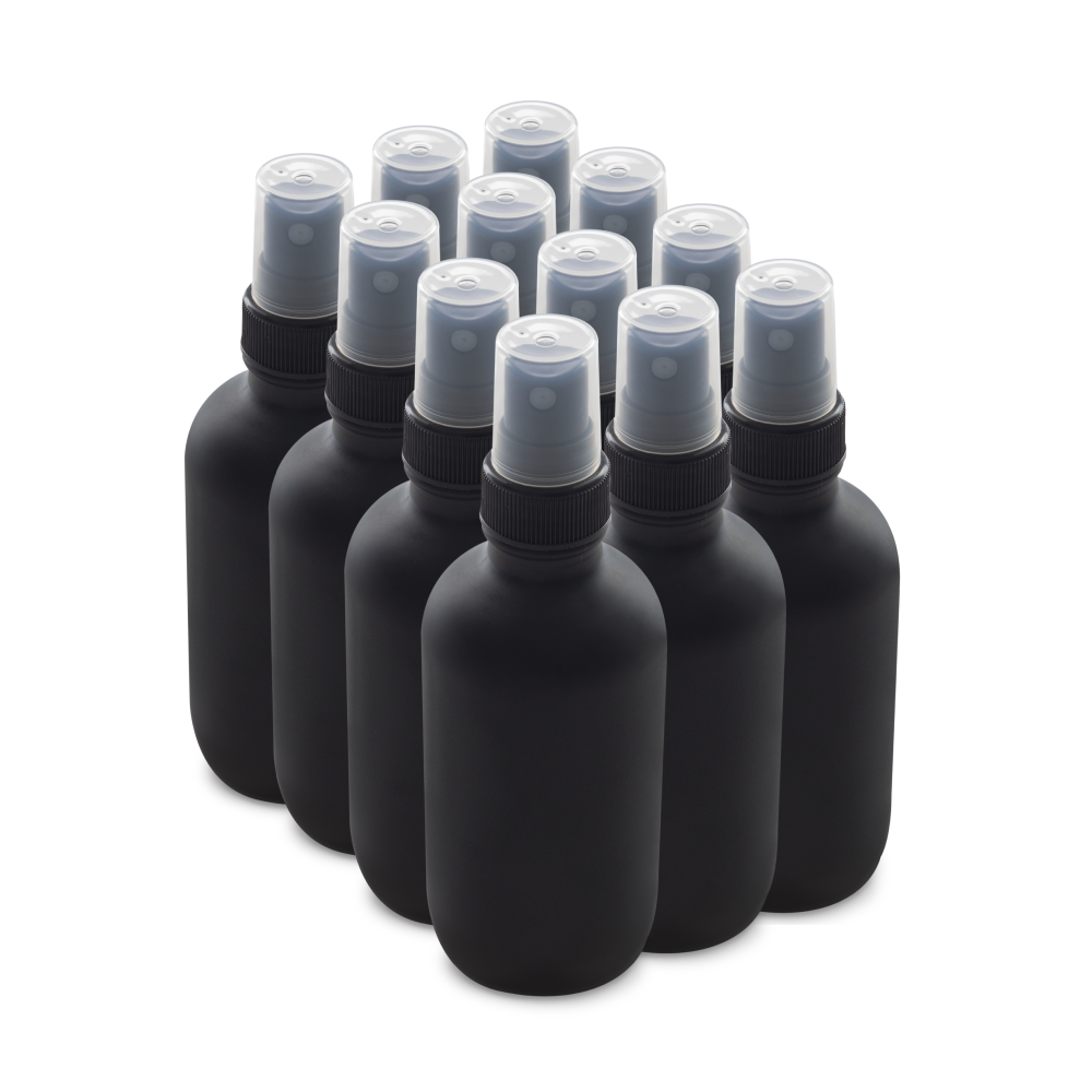 4 oz Black Frosted Glass Boston Round Bottles With Black Fine Mist Sprayers (12 Pack)