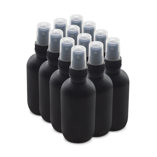 4 oz Black Frosted Glass Boston Round Bottles With Black Fine Mist Sprayers (12 Pack)