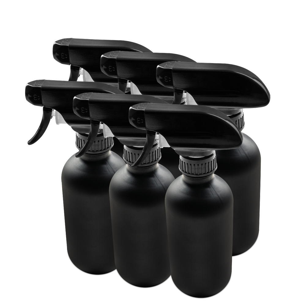 8 oz Black Frosted Glass Boston Round Bottle With Black Trigger Sprayer (6 Pack)