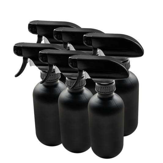 8 oz Black Frosted Glass Boston Round Bottle With Black Trigger Sprayer (6 Pack)