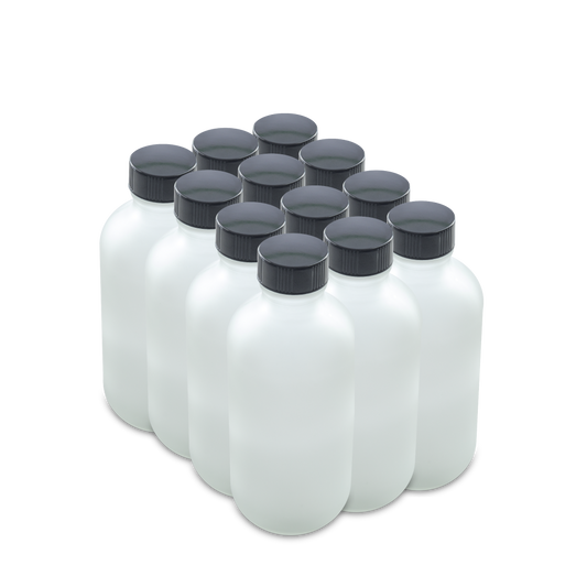 4 oz Clear Frosted Glass Boston Round Bottles With Black Lids 