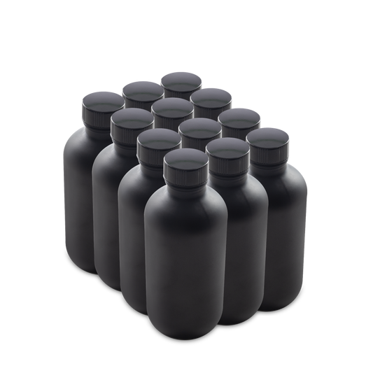 4 oz Black Frosted Glass Boston Round Bottles With Black Lids x 12 pcs