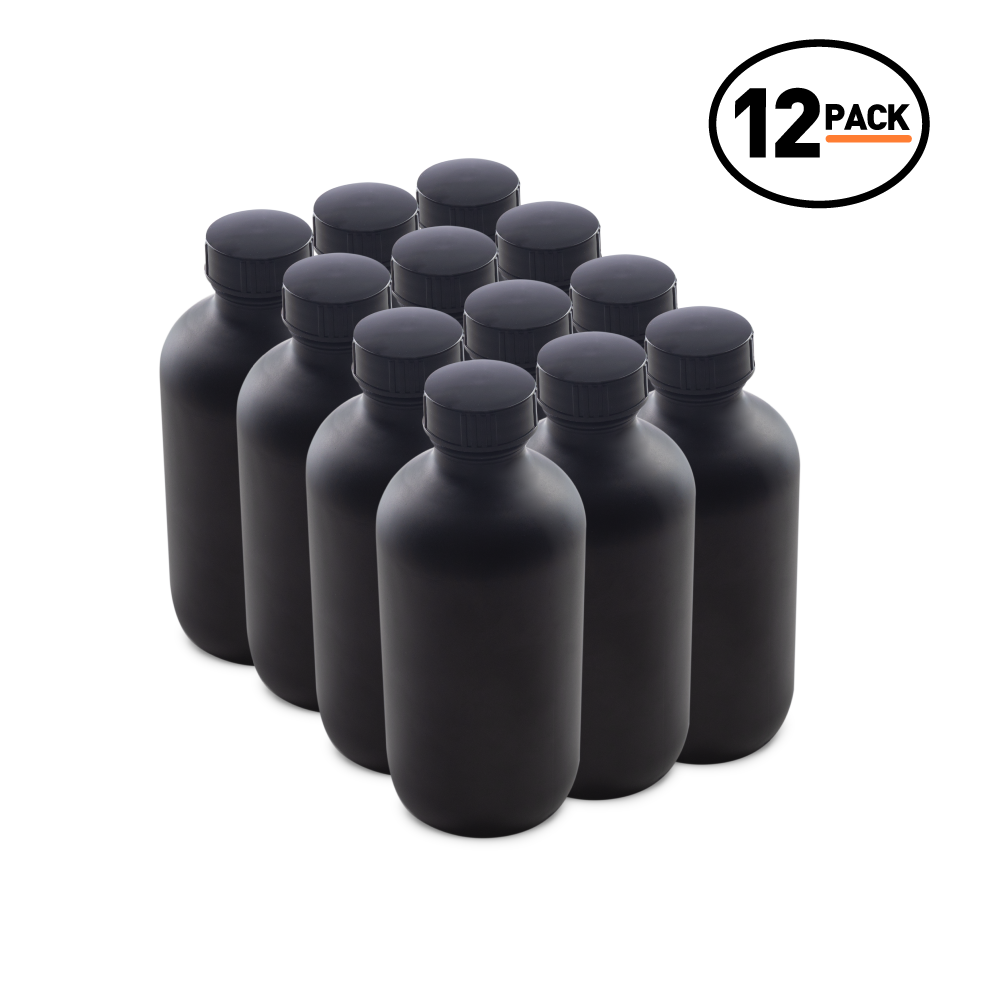 8 oz Black Frosted Glass Boston Round Bottles With Black Lids (12 Pack)
