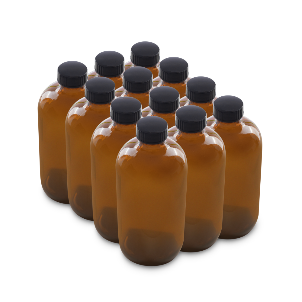 16 oz Amber Glass Boston Round Bottles With Black Lids (12 Pack)