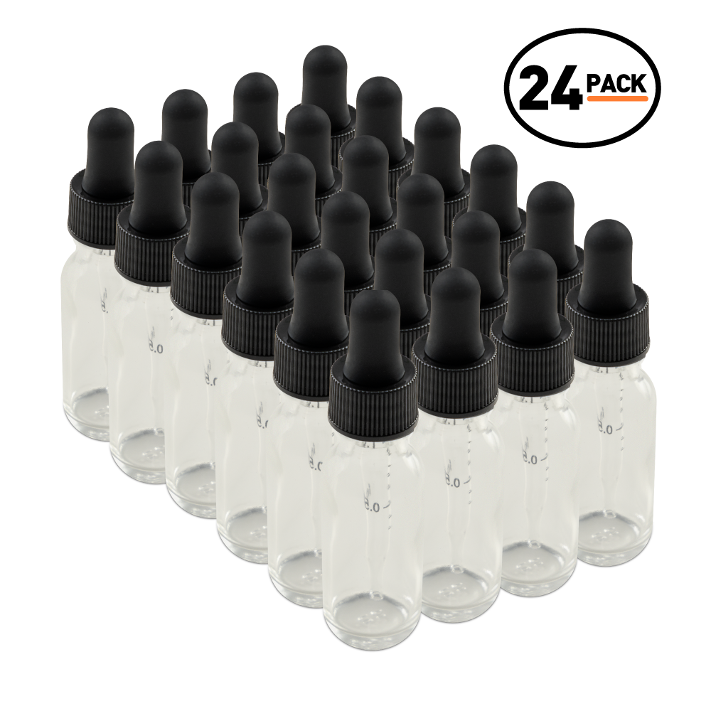 0.5 oz Clear Glass Boston Round Bottle With Black Dropper (24/72 Pack)