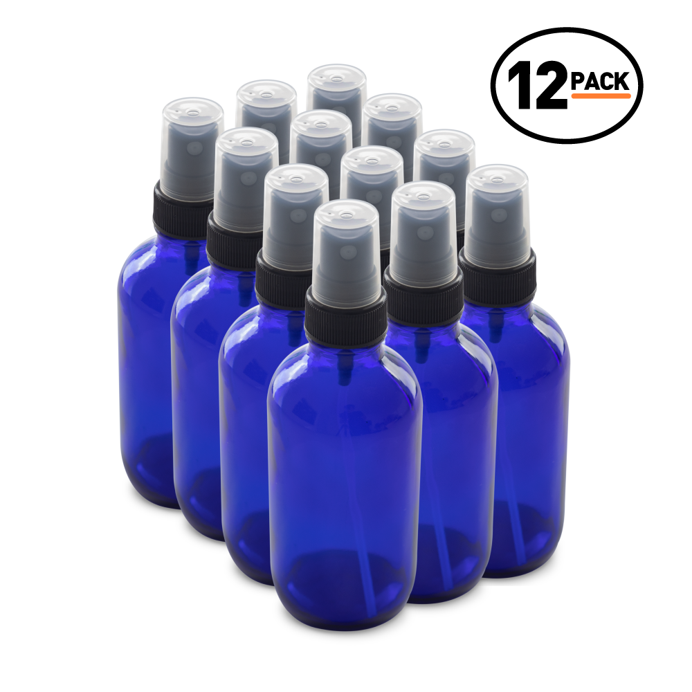 4 oz Blue Glass Boston Round Bottles With Black Fine Mist Sprayers (12 Pack)