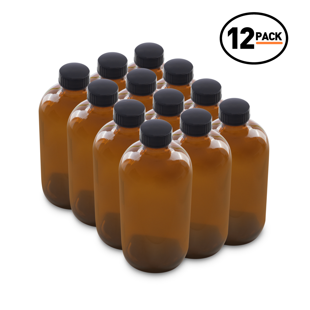 16 oz Amber Glass Boston Round Bottles With Black Lids (12 Pack)