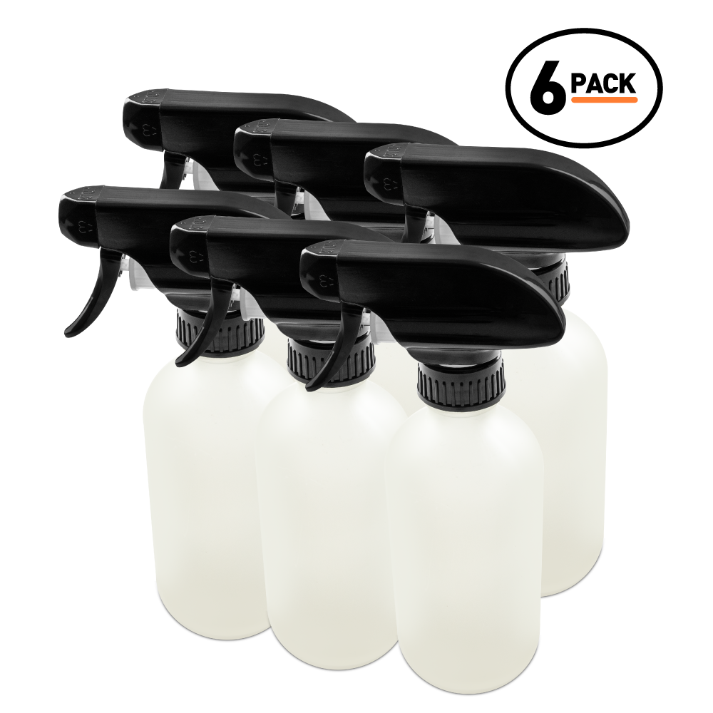 8 oz Clear Frosted Glass Boston Round Bottle With Black Trigger Sprayer (6 Pack)